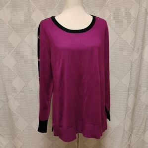 JM Collection Purple Black Long Sleeve Sweater Decorative Buttons Women's Large